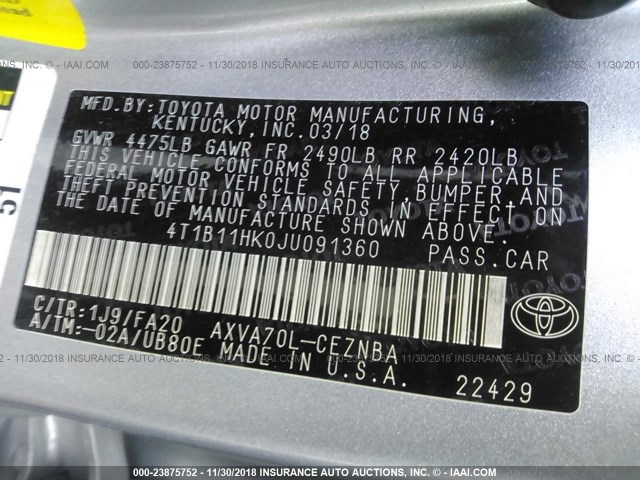 4T1B11HK0JU091360 - 2018 TOYOTA CAMRY L/LE/XLE/SE/XSE SILVER photo 9