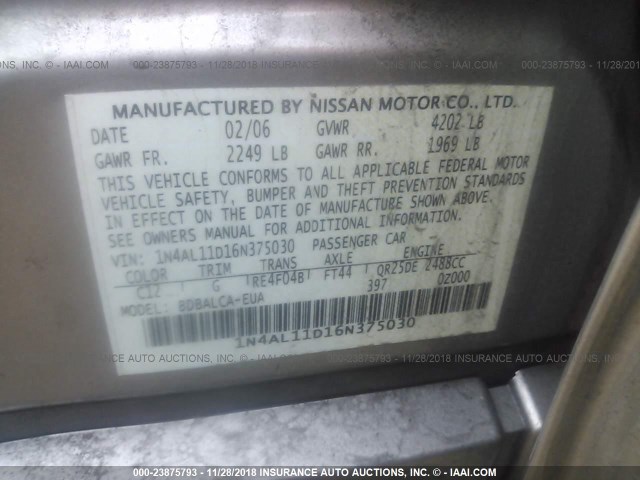 1N4AL11D16N375030 - 2006 NISSAN ALTIMA S/SL TAN photo 9