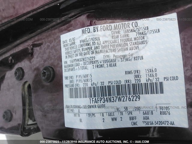 1FAFP34N37W276229 - 2007 FORD FOCUS ZX4/S/SE/SES 勃艮第红 照片 9