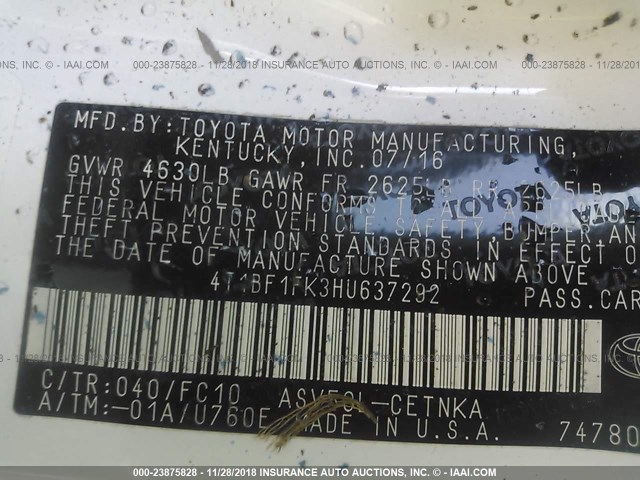 4T1BF1FK3HU637292 - 2017 TOYOTA CAMRY LE/XLE/SE/XSE 白色 照片 9