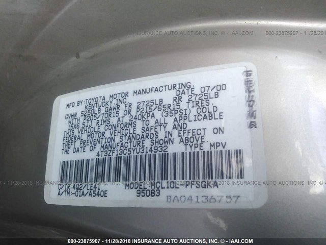 4T3ZF13C5YU314932 - 2000 TOYOTA SIENNA LE/XLE GREEN photo 9