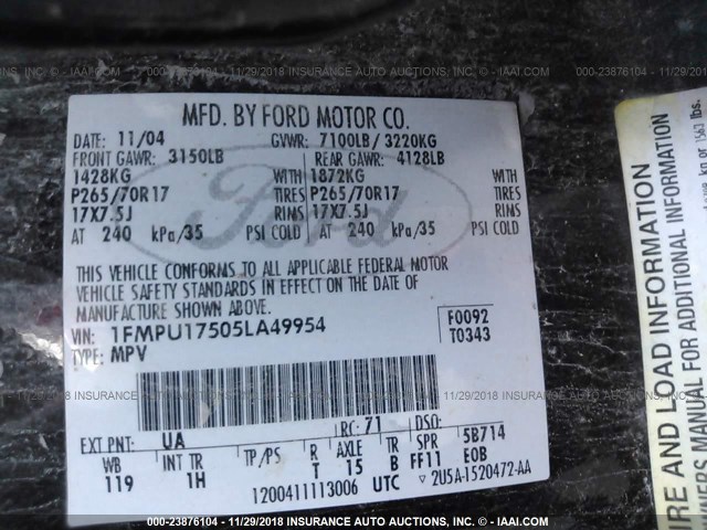 1FMPU17505LA49954 - 2005 FORD EXPEDITION EDDIE BAUER BLACK photo 9