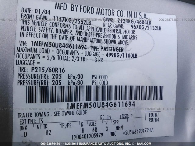 1MEFM50U84G611694 - 2004 MERCURY SABLE GS SILVER photo 9