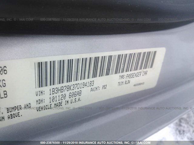 1B3HB78K37D194183 - 2007 DODGE CALIBER R/T SILVER photo 9