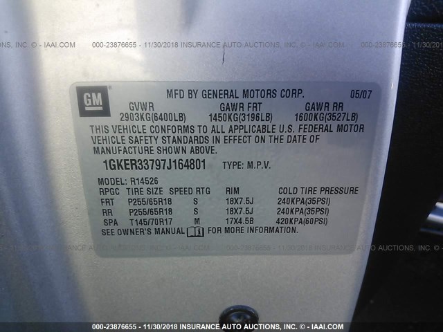 1GKER33797J164801 - 2007 GMC ACADIA SLT-2 SILVER photo 9