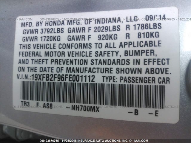 19XFB2F96FE001112 - 2015 HONDA CIVIC EXL SILVER photo 9