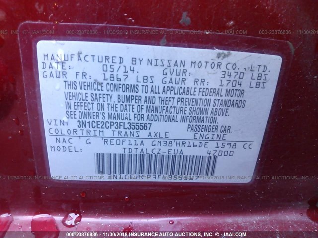 3N1CE2CP3FL355567 - 2015 NISSAN VERSA NOTE S/S PLUS/SV/SL/SR RED photo 9