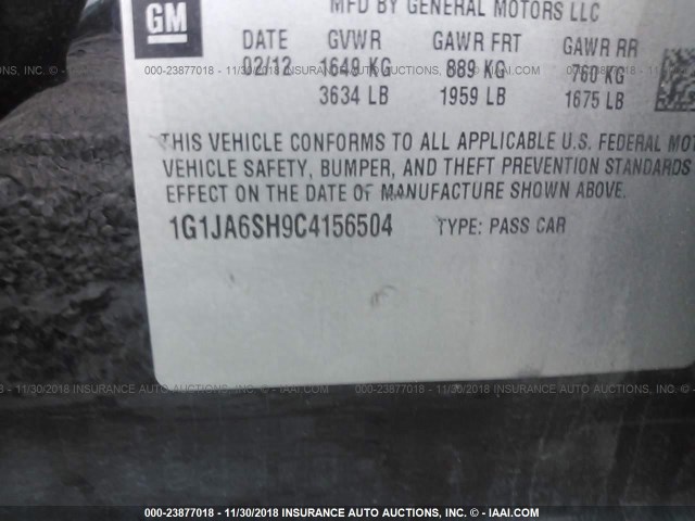 1G1JA6SH9C4156504 - 2012 CHEVROLET SONIC LS 黑色 照片 9