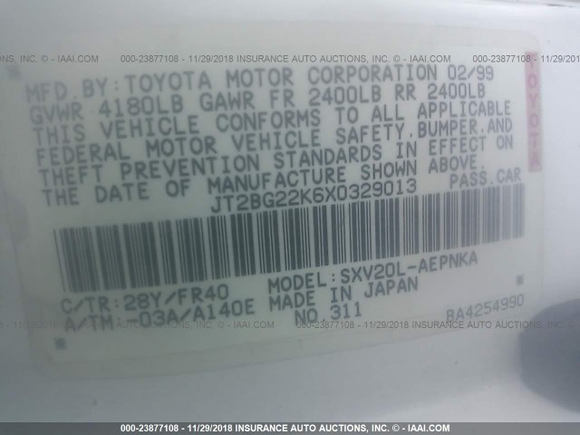 JT2BG22K6X0329013 - 1999 TOYOTA CAMRY LE/XLE WHITE photo 9