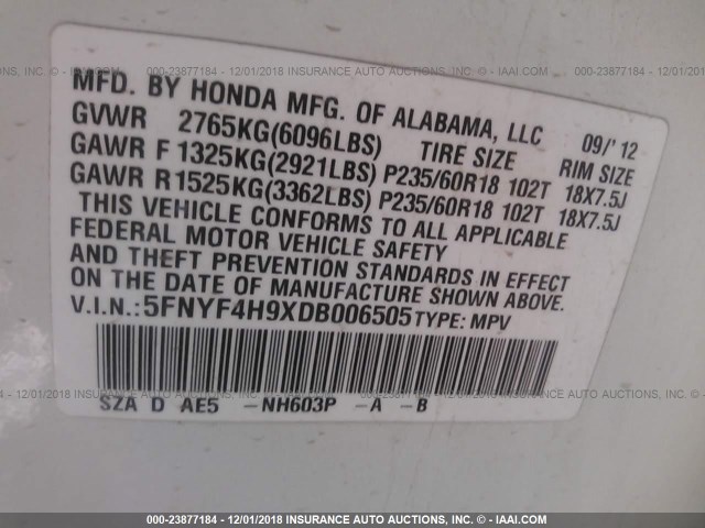 5FNYF4H9XDB006505 - 2013 HONDA PILOT TOURING WHITE photo 9