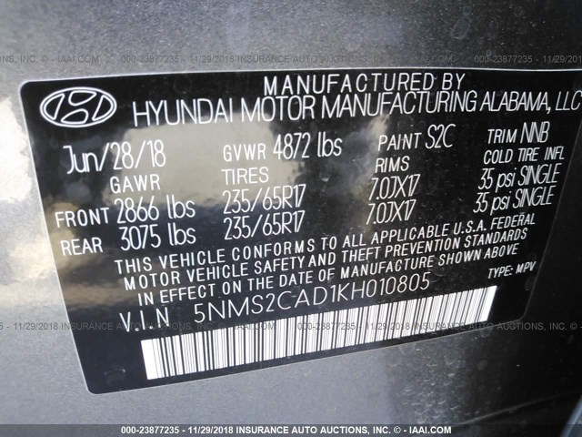 5NMS2CAD1KH010805 - 2019 HYUNDAI SANTA FE SE GRAY photo 9