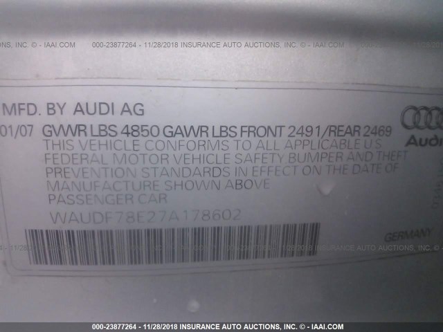 WAUDF78E27A178602 - 2007 AUDI A4 2.0T QUATTRO SILVER photo 9