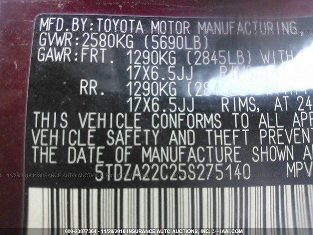 5TDZA22C25S275140 - 2005 TOYOTA SIENNA XLE/XLE LIMITED RED photo 9