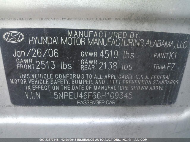 5NPEU46F66H109345 - 2006 HYUNDAI SONATA GLS/LX SILVER photo 9