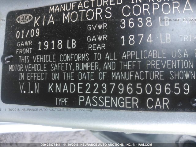 KNADE223X96557690 - 2009 KIA RIO LX/SX SILVER photo 9