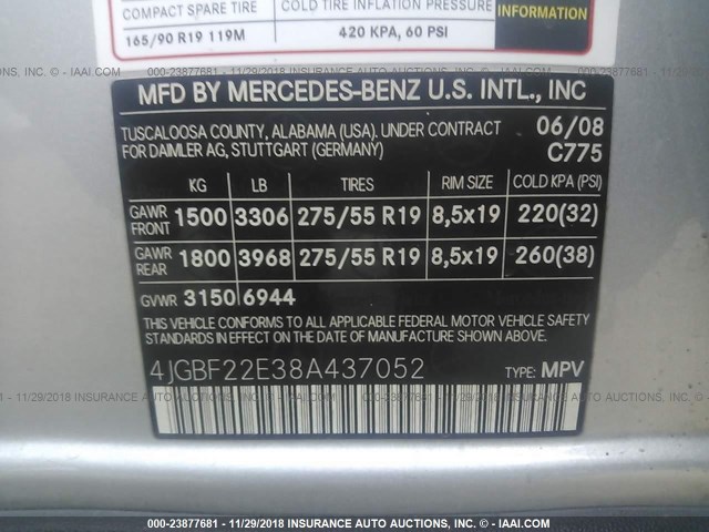 4JGBF22E38A437052 - 2008 MERCEDES-BENZ GL 320 CDI SILVER photo 9