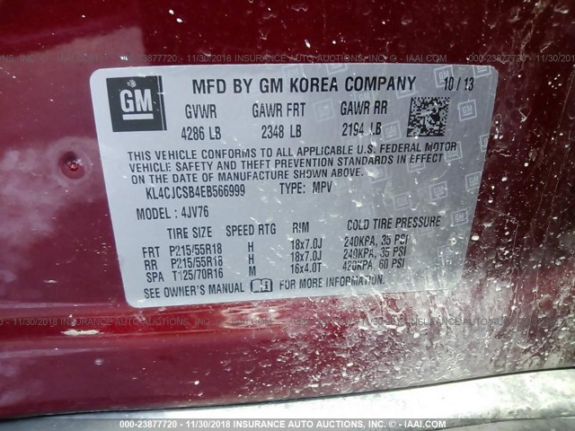 KL4CJCSB4EB566999 - 2014 BUICK ENCORE RED photo 9