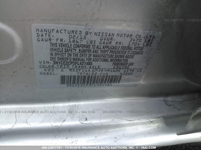 3N1CE2CP3FL421485 - 2015 NISSAN VERSA NOTE S/S PLUS/SV/SL/SR SILVER photo 9