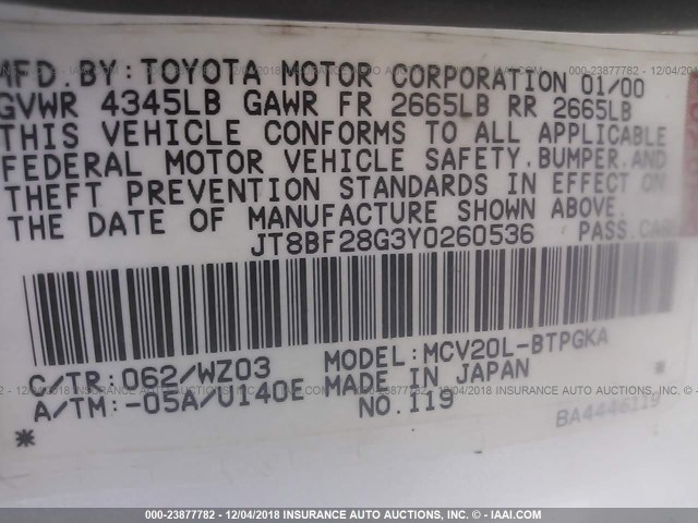 JT8BF28G3Y0260536 - 2000 LEXUS ES 300 WHITE photo 9