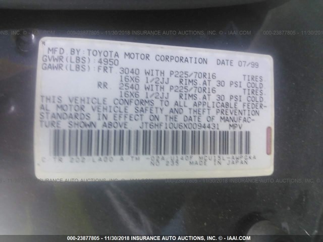 JT6HF10U6X0094431 - 1999 LEXUS RX 300 BLACK photo 9