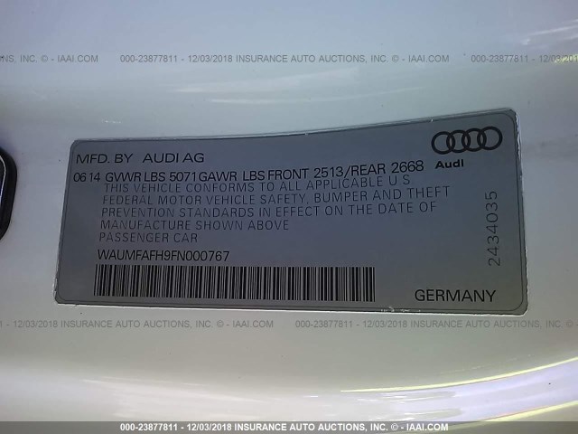 WAUMFAFH9FN000767 - 2015 AUDI A5 PREMIUM PLUS WHITE photo 9