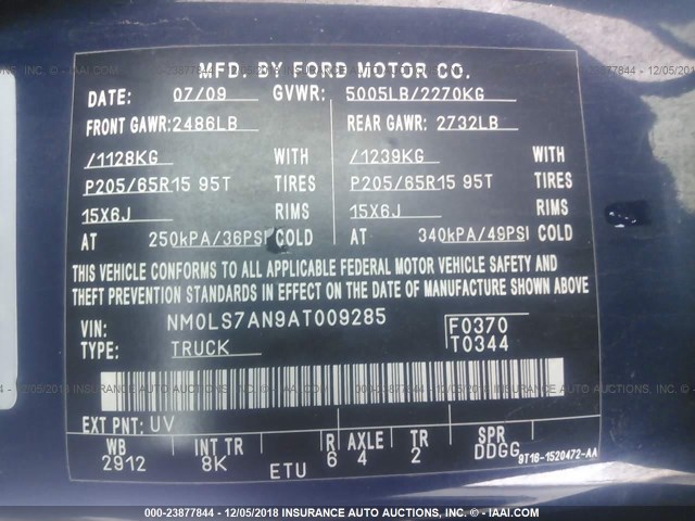 NM0LS7AN9AT009285 - 2010 FORD TRANSIT CONNECT XL BLUE photo 9