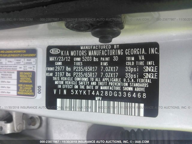 5XYKT4A28DG336468 - 2013 KIA SORENTO LX SILVER photo 9