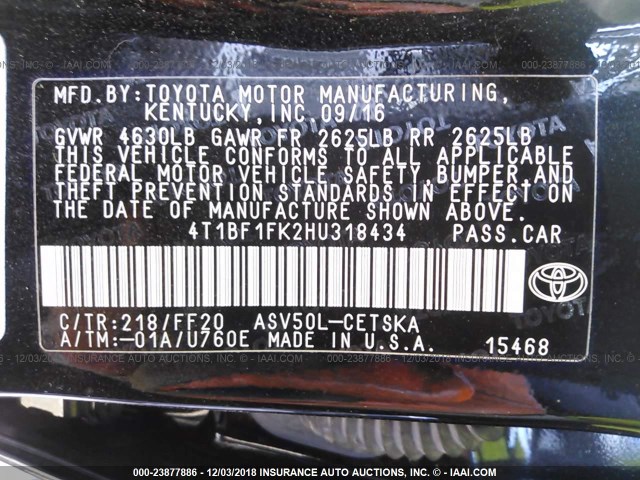 4T1BF1FK2HU318434 - 2017 TOYOTA CAMRY LE/XLE/SE/XSE 黑色 照片 9