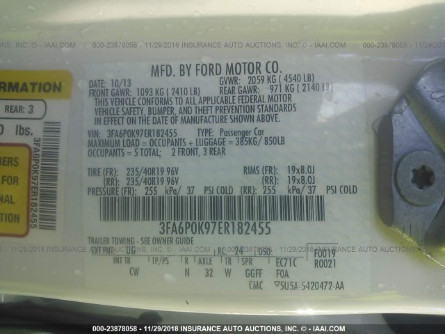 3FA6P0K97ER182455 - 2014 FORD FUSION TITANIUM WHITE photo 9