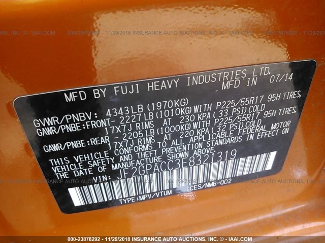 JF2GPACC3E8321319 - 2014 SUBARU XV CROSSTREK 2.0 PREMIUM ORANGE photo 9