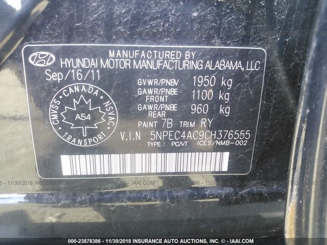 5NPEC4AC9CH376555 - 2012 HYUNDAI SONATA SE/LIMITED BLACK photo 9