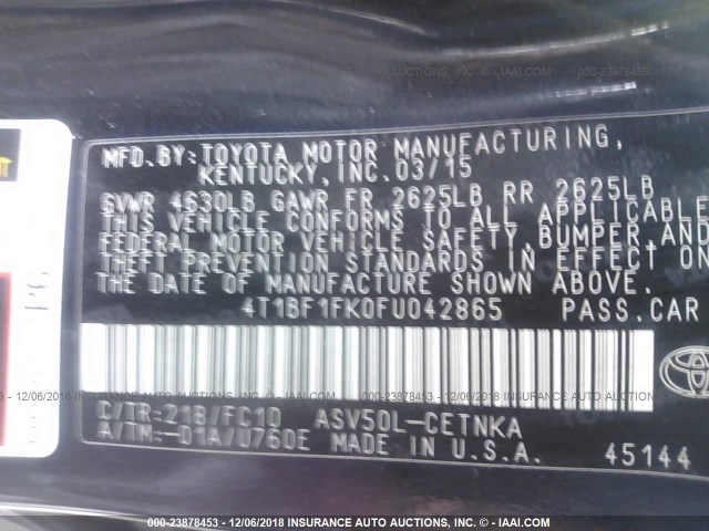 4T1BF1FK0FU042865 - 2015 TOYOTA CAMRY LE/XLE/SE/XSE BLACK photo 9