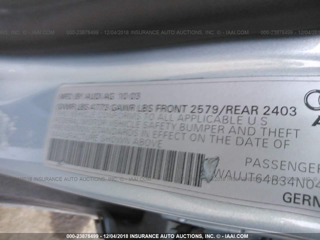 WAUJT64B34N046132 - 2004 AUDI A6 3 Light Blue photo 9