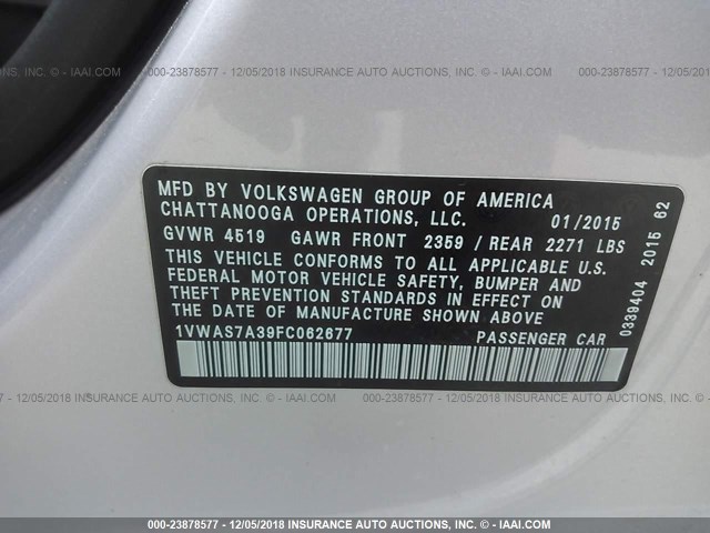 1VWAS7A39FC062677 - 2015 VOLKSWAGEN PASSAT S SILVER photo 9