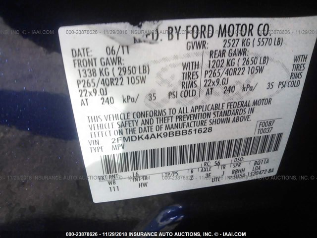 2FMDK4AK9BBB51628 - 2011 FORD EDGE SPORT BLUE photo 9