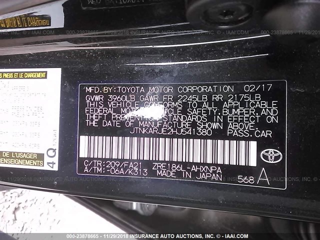 JTNKARJE2HJ541380 - 2017 TOYOTA COROLLA IM BLACK photo 9