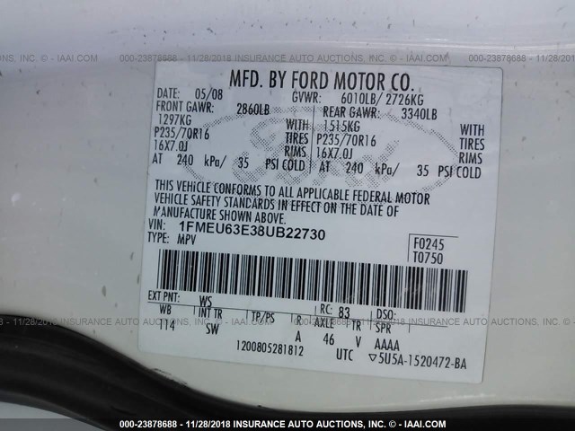 1FMEU63E38UB22730 - 2008 FORD EXPLORER XLT WHITE photo 9