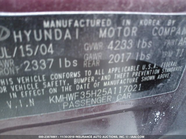 KMHWF35H25A117021 - 2005 HYUNDAI SONATA GLS/LX MAROON photo 9