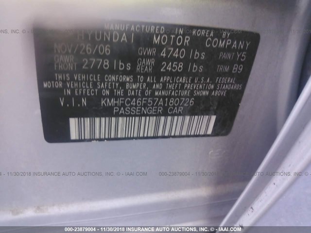 KMHFC46F57A180726 - 2007 HYUNDAI AZERA SE/LIMITED SILVER photo 9