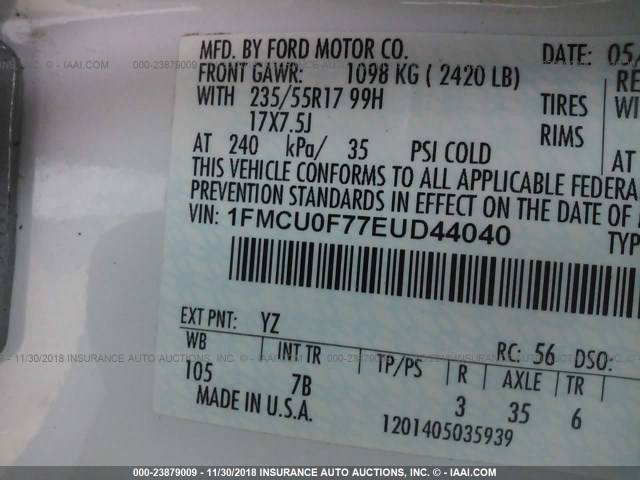 1FMCU0F77EUD44040 - 2014 FORD ESCAPE S WHITE photo 9