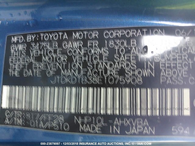 JTDKDTB38E1075908 - 2014 TOYOTA PRIUS C BLUE photo 9