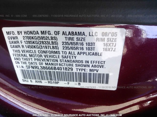 5FNRL38666B401829 - 2006 HONDA ODYSSEY EXL RED photo 9