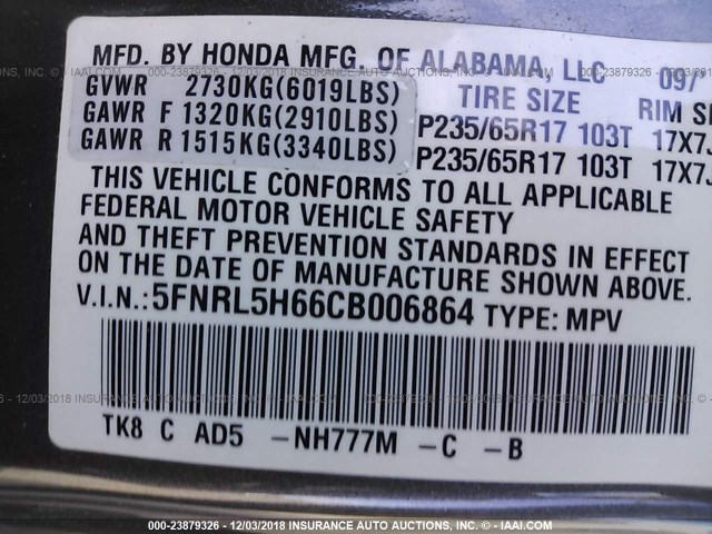 5FNRL5H66CB006864 - 2012 HONDA ODYSSEY EXL GRAY photo 9