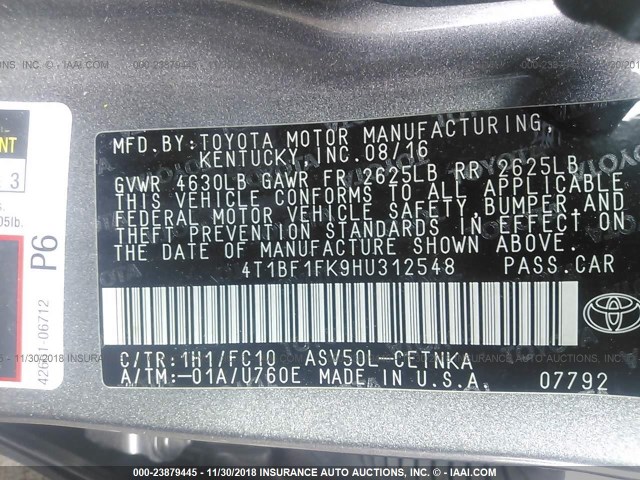 4T1BF1FK9HU312548 - 2017 TOYOTA CAMRY LE/XLE/SE/XSE GRAY photo 9