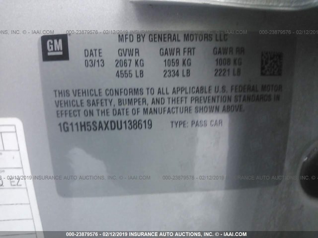 1G11H5SAXDU138619 - 2013 CHEVROLET MALIBU LTZ SILVER photo 9