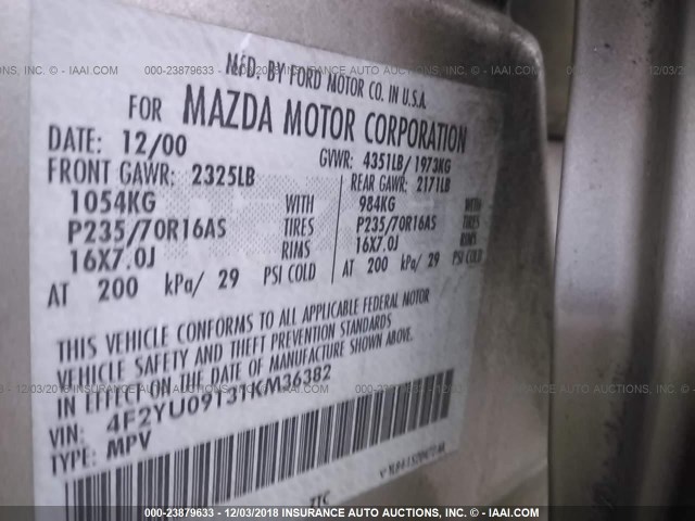 4F2YU09131KM36382 - 2001 MAZDA TRIBUTE LX/ES Pewter photo 9