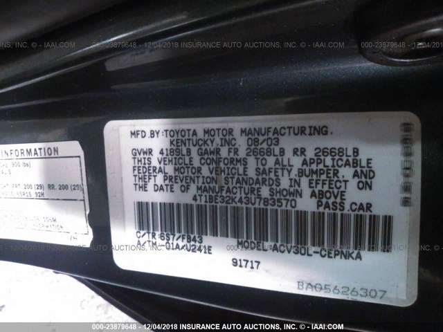 4T1BE32K43U783570 - 2003 TOYOTA CAMRY LE/XLE/SE GREEN photo 9