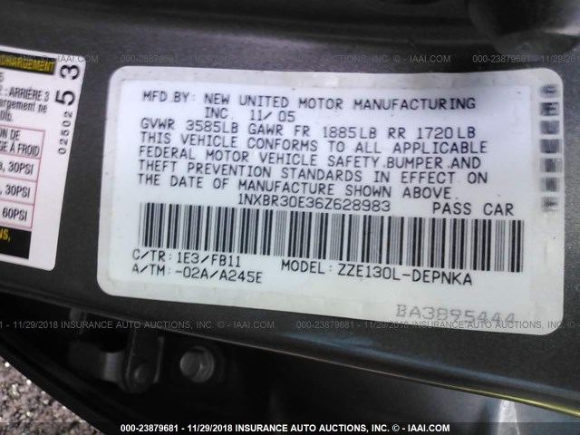 1NXBR30E36Z628983 - 2006 TOYOTA COROLLA CE/LE/S GRAY photo 9