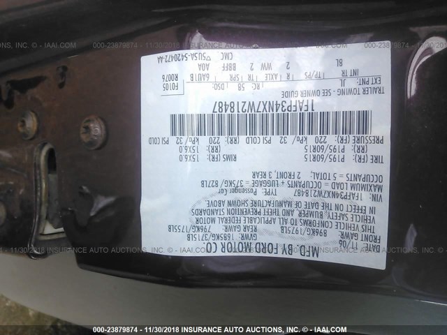 1FAFP34NX7W218487 - 2007 FORD FOCUS ZX4/S/SE/SES MAROON photo 9