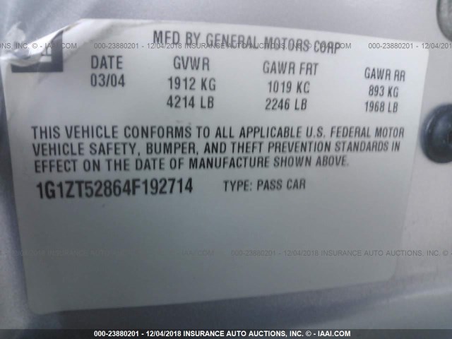 1G1ZT52864F192714 - 2004 CHEVROLET MALIBU LS 银色 照片 9